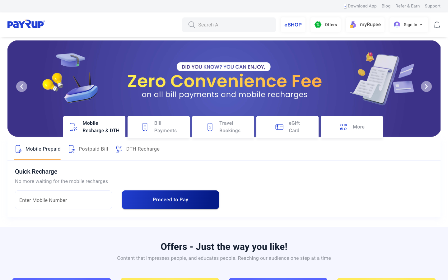 payRup website homepage preview